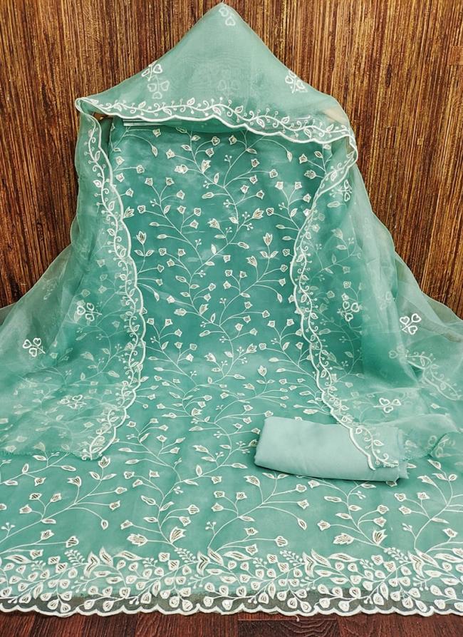 Organza Silk Teal Traditional Wear Sequins Work Dress Material